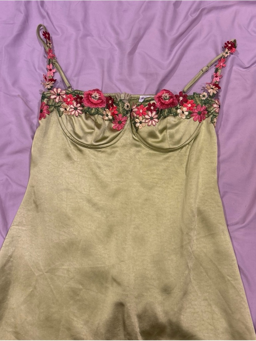 PRINCESS POLLY Olive Green Satin Floral-Trim Cami dress